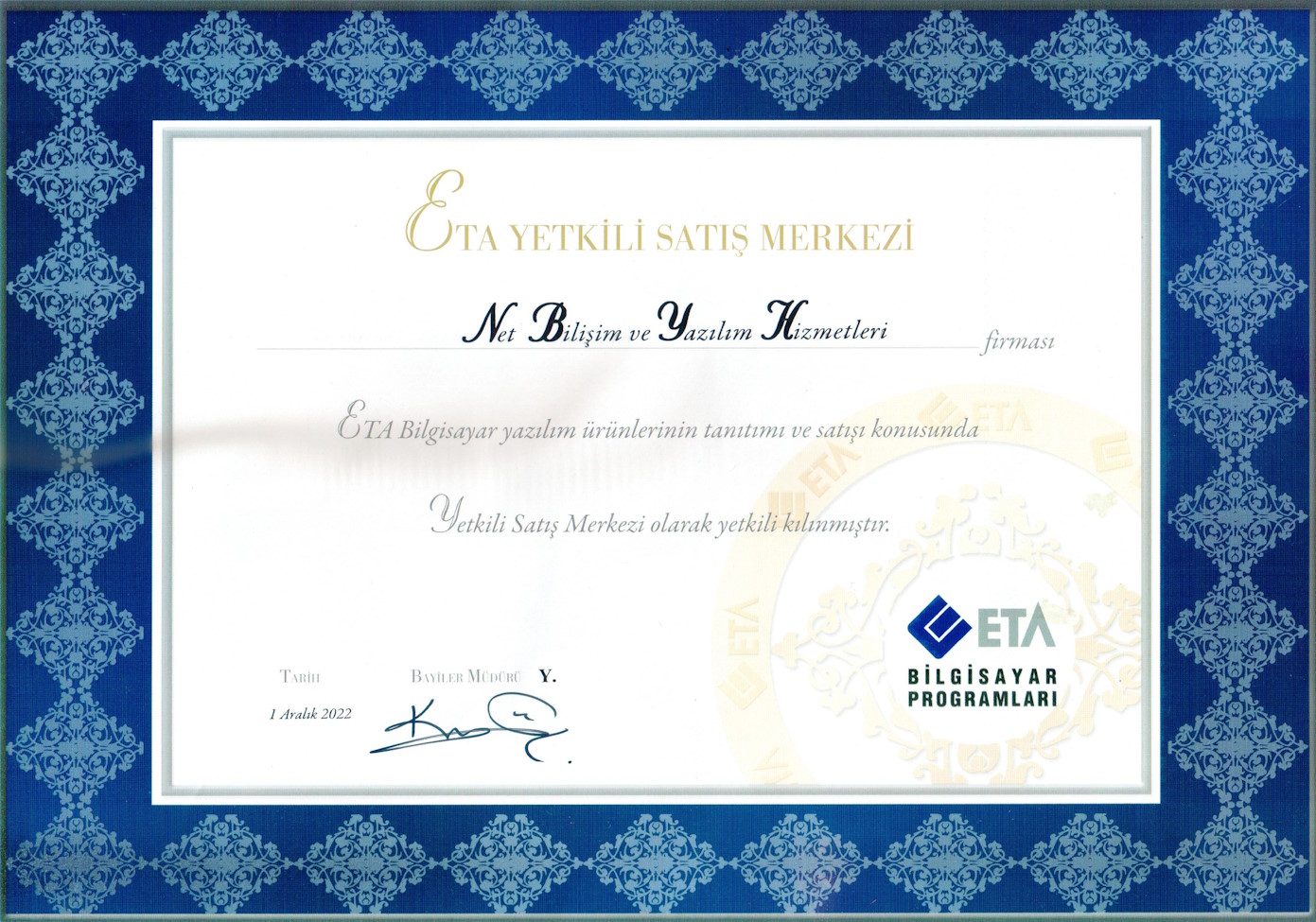 ETA Yazılım Bayilik Belgesi